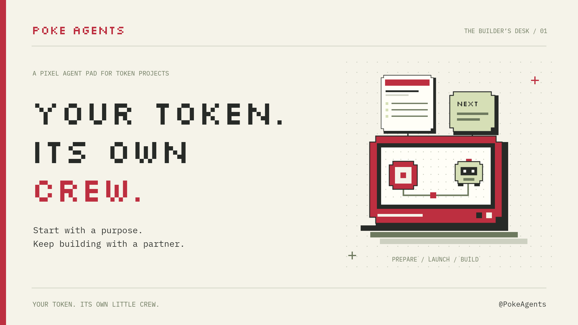 Poke Agents editorial artwork featuring the pixel crew and platform